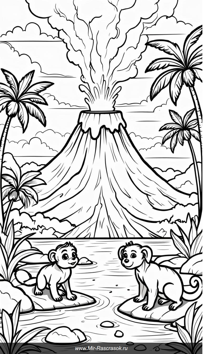 Вулкан в раскраске с забавными животными и лавой