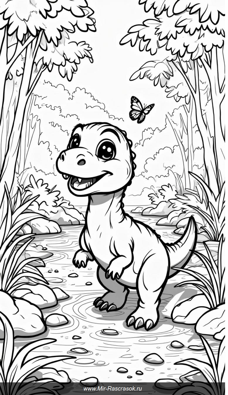 Друзья доисторической эпохи T-Rex и бабочки в цветах