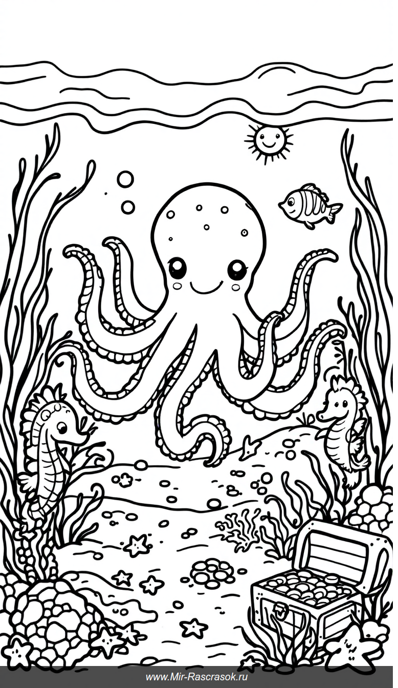 Веселое подводное царство раскраска для детей с дружелюбным осьминогом и морскими обитателями