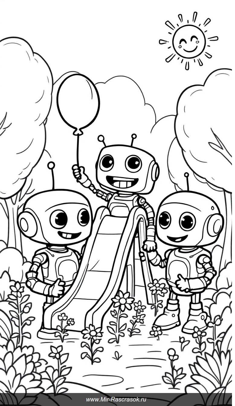 Дружелюбные роботы на детской площадке книжка-раскраска для малышей
