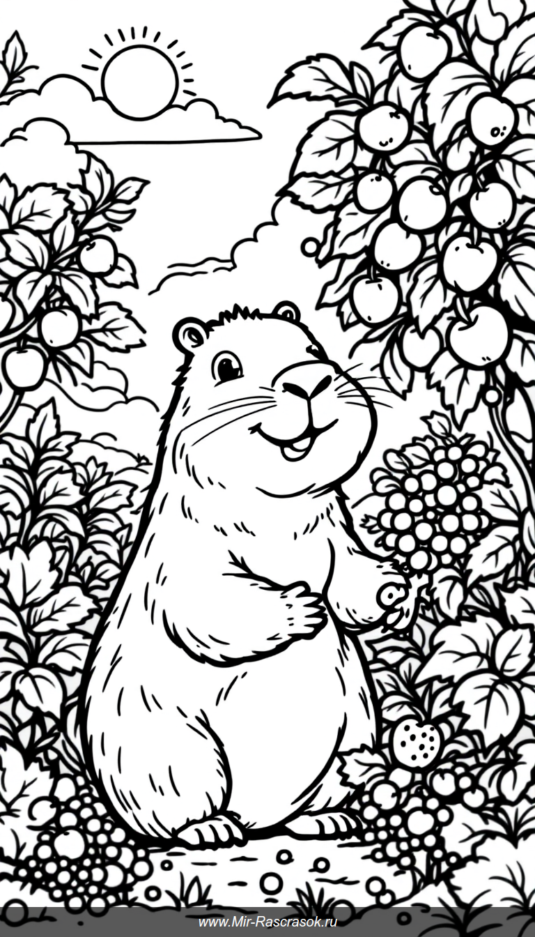 В этом милом раскраске капибара собирает вкусные фрукты и ягоды 🍓🍎, окруженная зелёными кустами и тёплым солнцем ☀️, что делает картинку простой и весёлой для раскрашивания детьми 🎨👧👦.