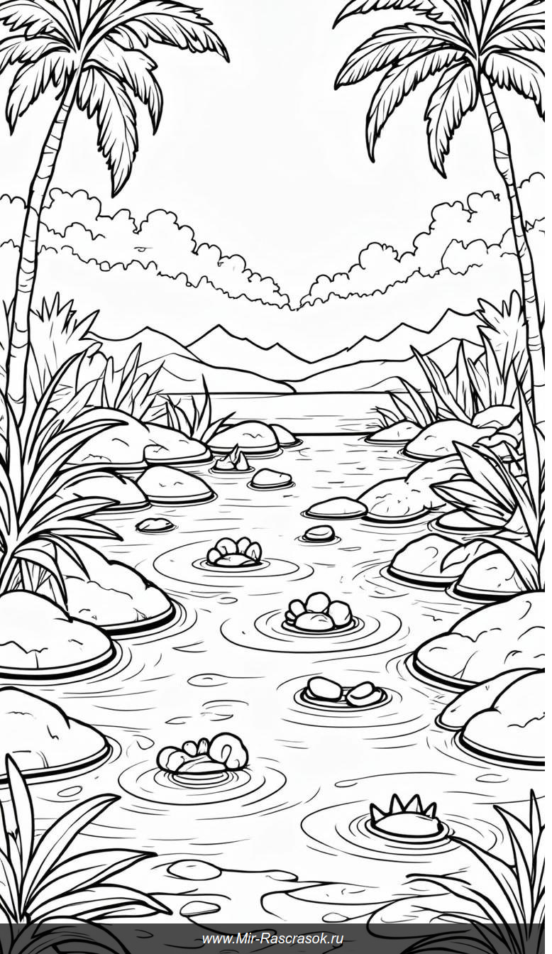 Раскраска: следы динозавров среди папоротников
