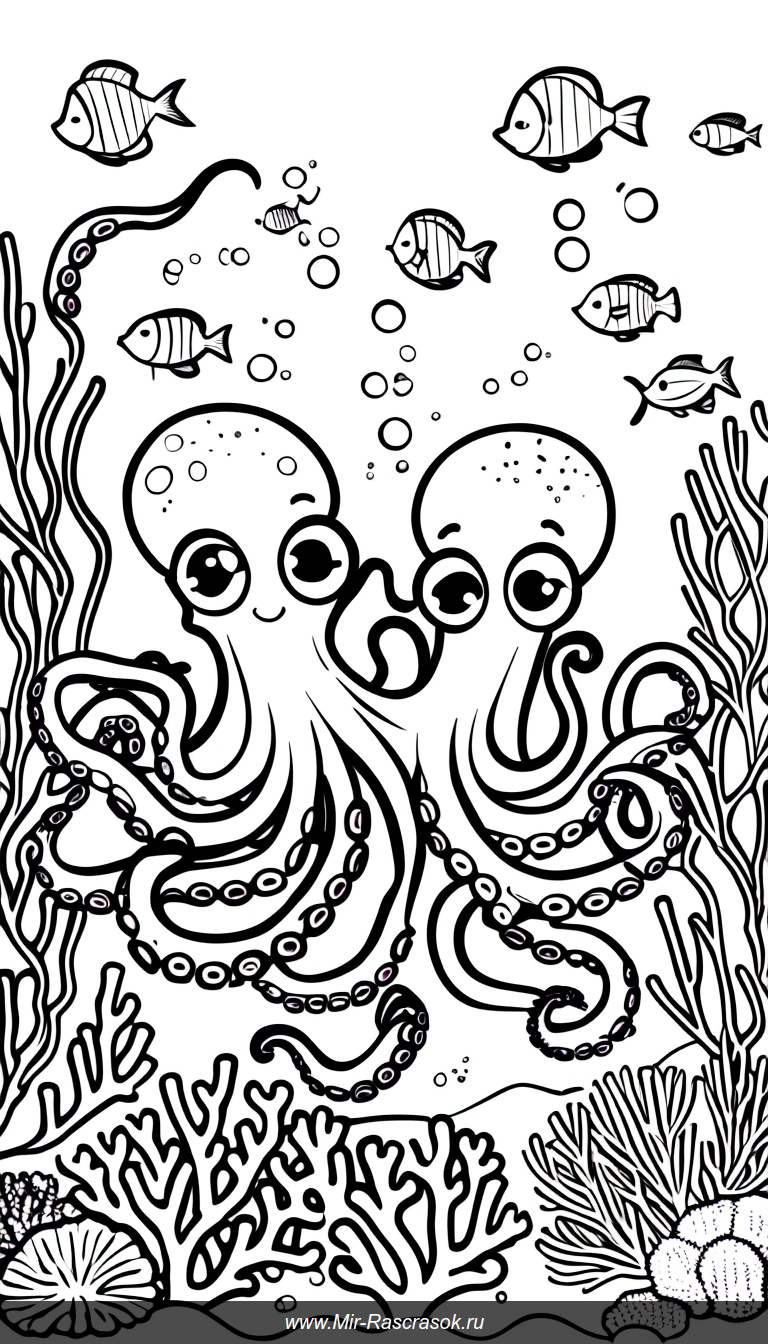Весёлые подводные осьминоги Раскраска с дружбой и морскими жителями