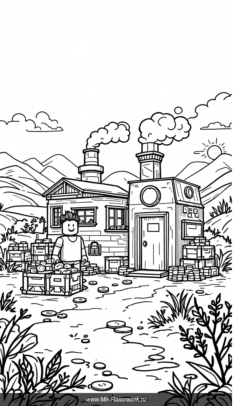 Веселая раскраска Roblox с заводом и радостным приключением для детей