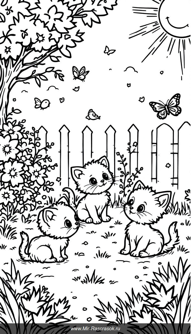 Три котёнка играют в солнечном саду раскраска для детей