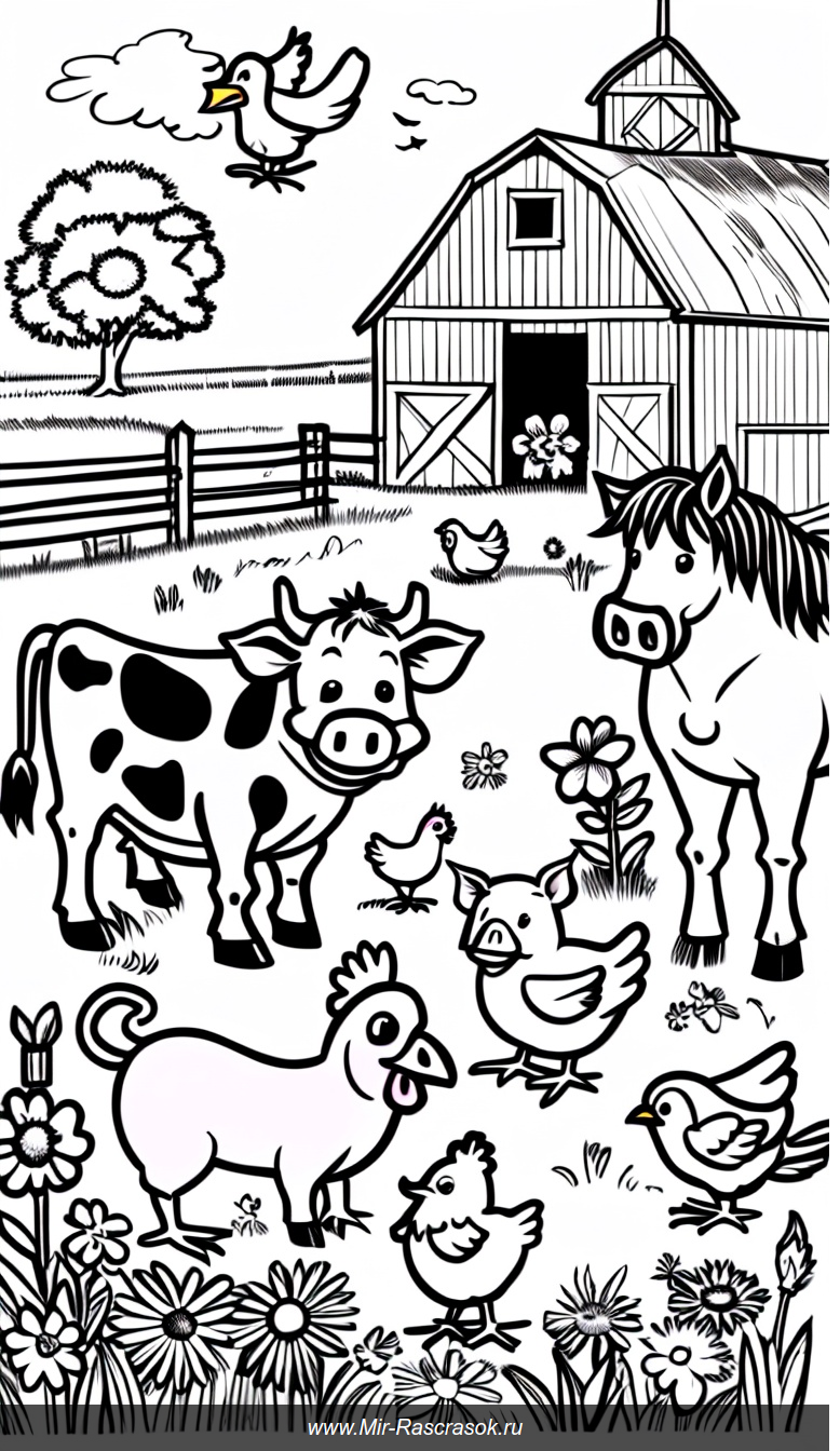 Веселая ферма: раскраска с счастливыми животными и уютным амбаром