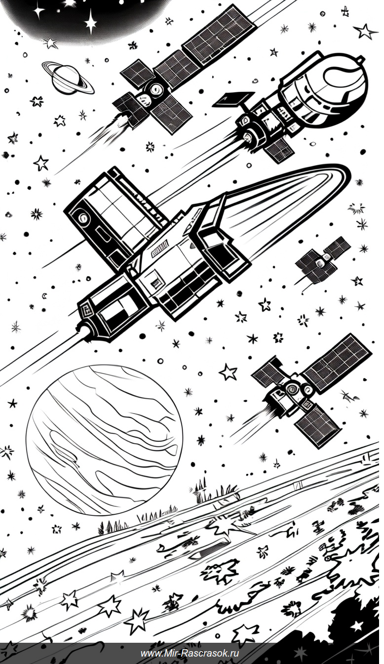 Раскраска космическое приключение с орбитальными спутниками и космическими кораблями