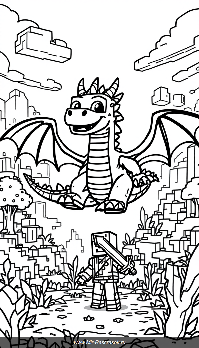 Погрузитесь в захватывающую битву с Драконом Края в Майнкрафт 🌟 Эта раскраска дарит веселую и дружелюбную сцену с героем и драконом 🐉 Легкие контуры и большие блоки делают изображение идеальным для детей 🎨 Развивайте творческие навыки и наслаждайтесь миром Minecraft вместе с нашей раскраской 🖍