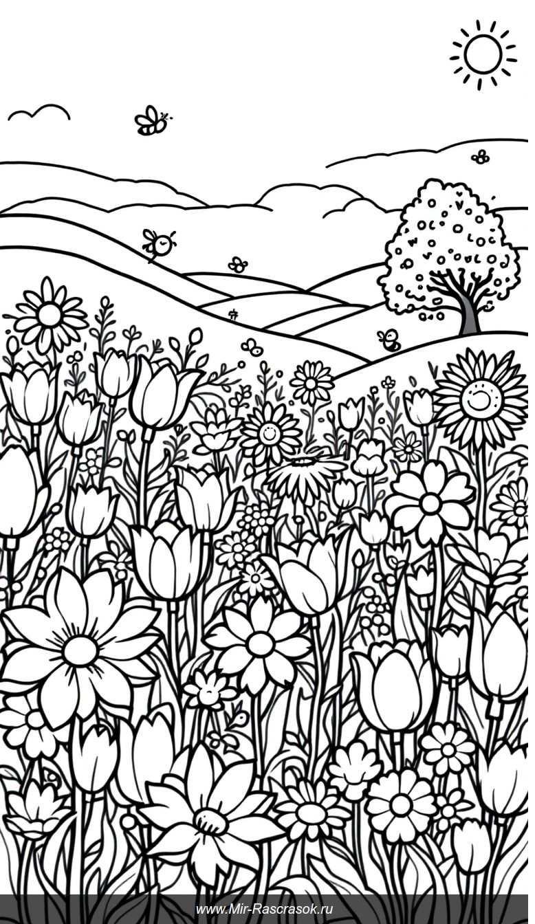 Весенний сад для детской раскраски с цветами и бабочками