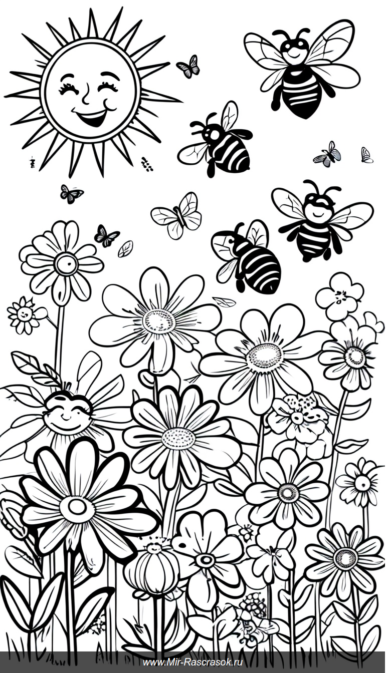 Весёлый сад с пчёлками и бабочками для раскрашивания детьми
