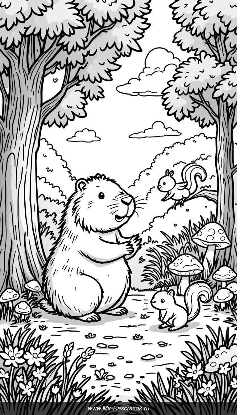 Дружелюбная капибара и лесные друзья в раскраске для детей