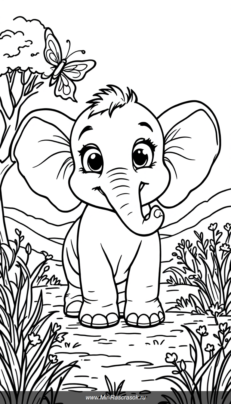 Раскраска с милыми маленькими слонятами 🐘 идеально подходит для детей 🌈 помогает развивать моторику и творческие навыки 🎨 Веселая сцена на солнечной саванне подарит радость и лёгкость при раскрашивании ✨ Отличный способ познакомить ребёнка с природой и животными 🌿