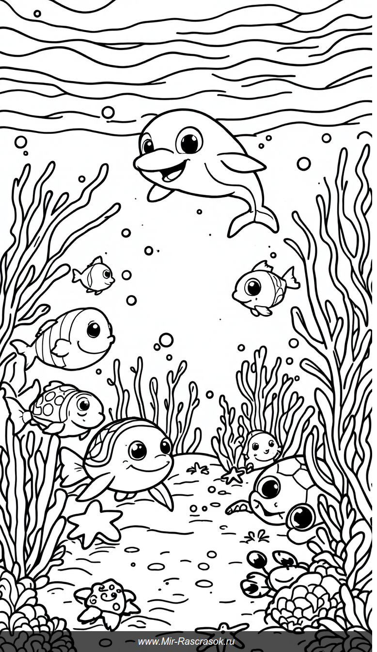 Раскраска подводного мира с дружелюбными морскими обитателями для детей