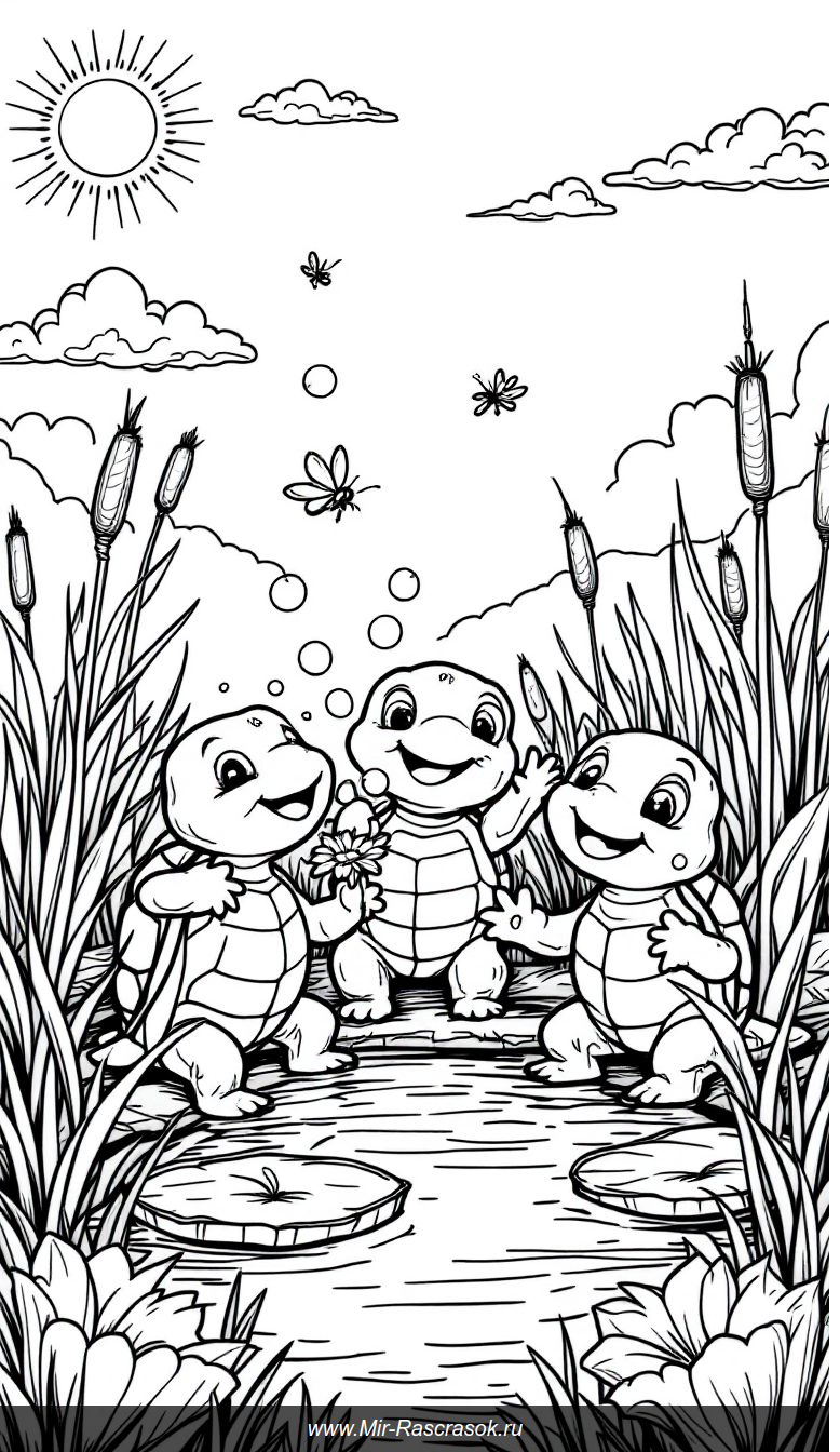 Веселые черепашки у пруда раскраска для малышей