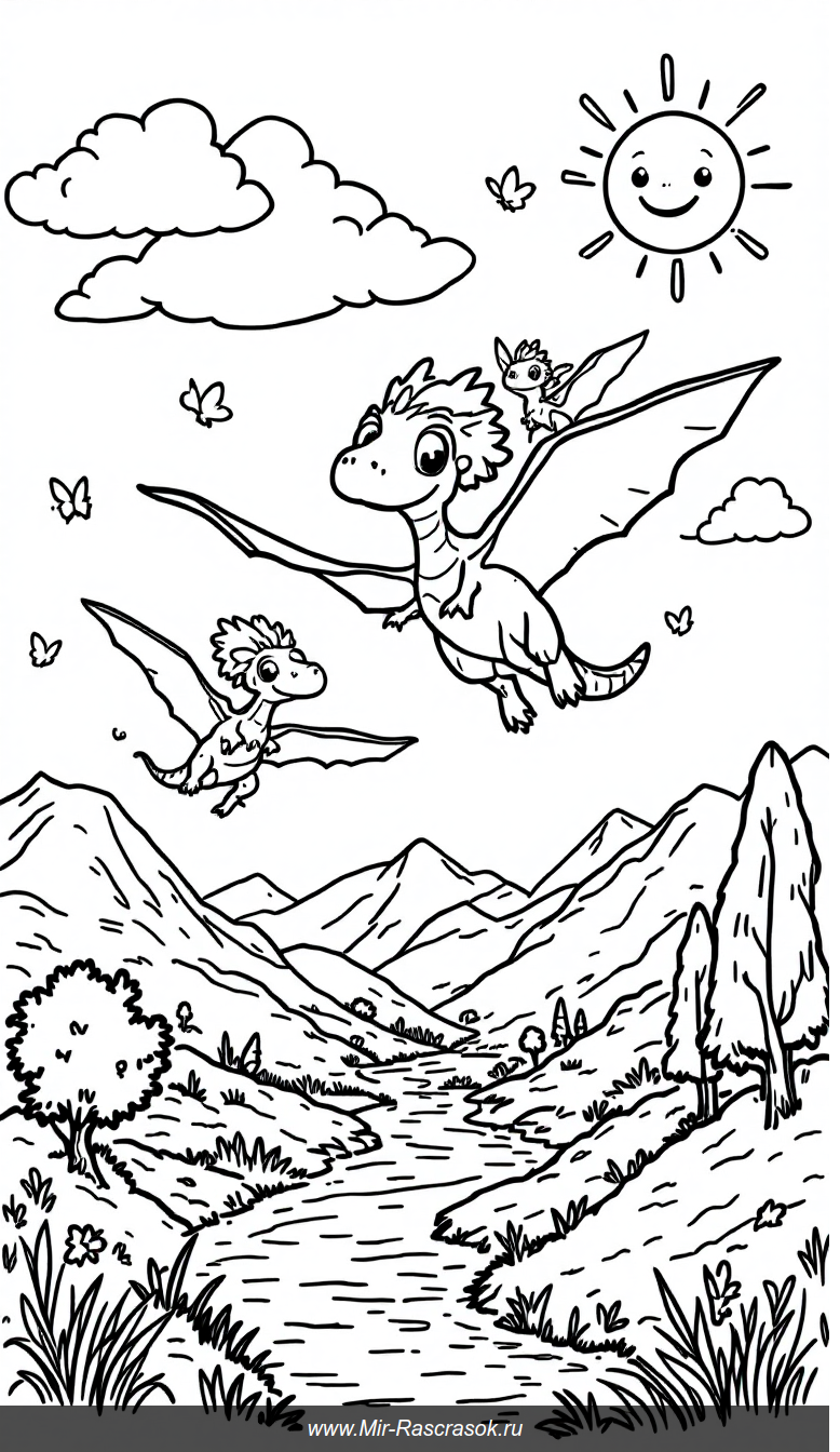 Весёлые птеранодоны в полёте раскраска для детей