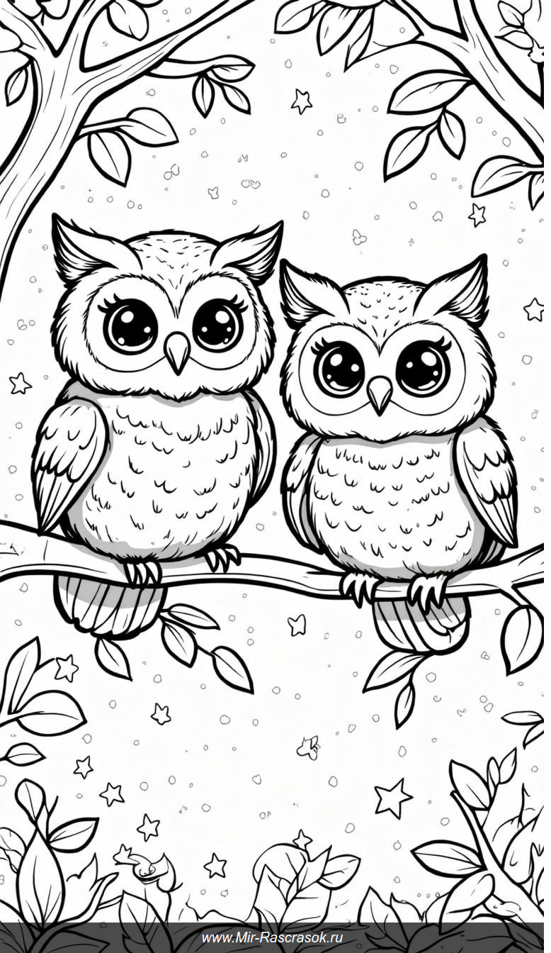 Раскраска милых сов на ветке среди звезд и листьев