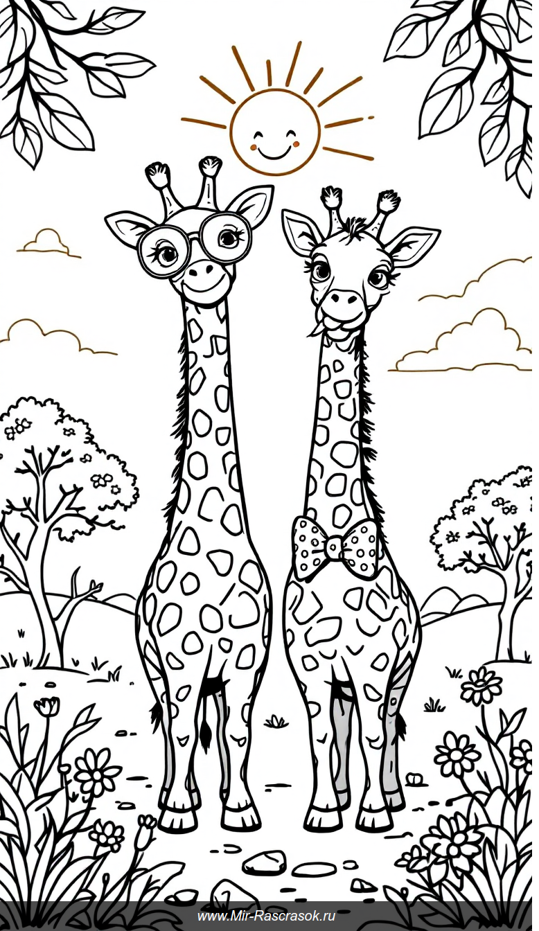 Весёлые жирафы в солнечной саванне для детской раскраски