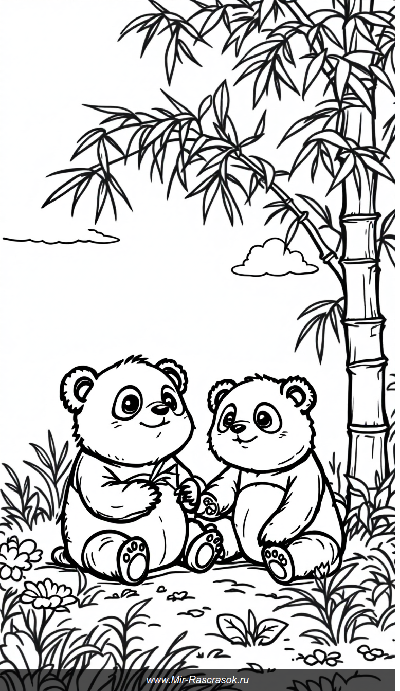 Раскраска с милыми пандами под бамбуком для веселого творчества детей