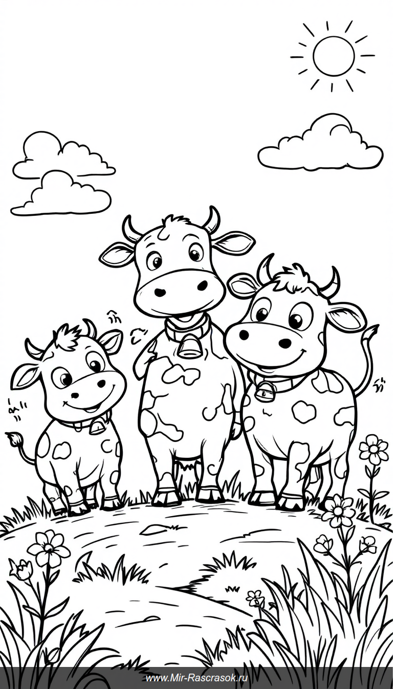 Веселые коровы в солнечном лугу для детской раскраски