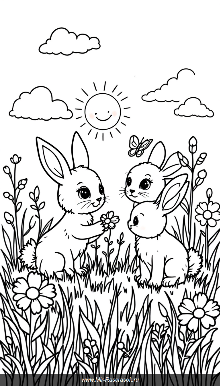 Весёлые кролики на лугу Красивая раскраска для детей