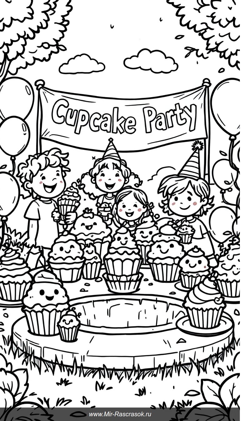 Веселая вечеринка с кексовыми улыбками для раскрашивания детям