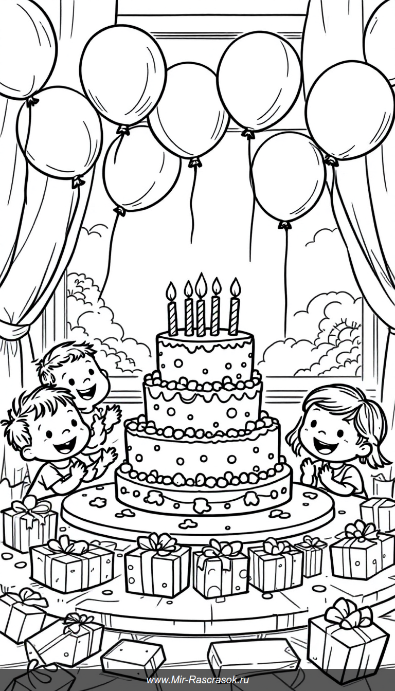 Погрузитесь в веселый мир раскрашивания с нашим простым и дружелюбным рисунком праздничного торта и подарков 🎂🎈 Отлично подходит для детей и праздничного настроения 🎉 Развивайте творчество и празднуйте каждый день рождения вместе с нами 🖍️🌟