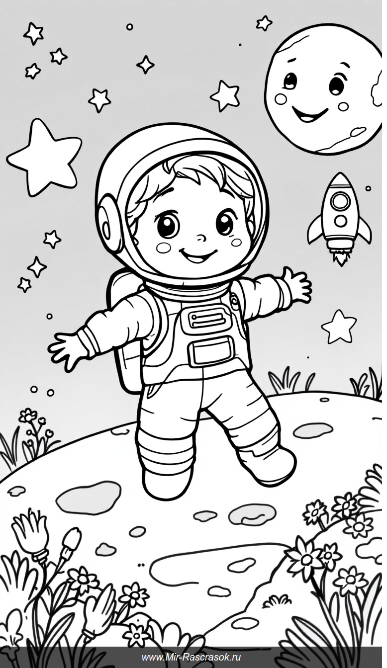 Веселый космонавт и друзья в космосе раскраска для детей