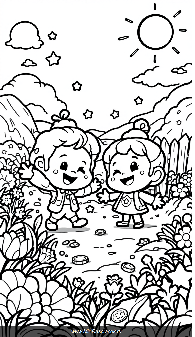 Веселое приключение в солнечном лугу раскраска для детей