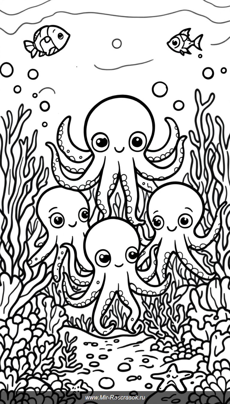 Погрузитесь в море радости с веселыми осьминогами для раскрашивания 🐙🖍️ Простые контуры и добрые морские друзья помогут детям развивать творческие навыки и весело проводить время 🎨✨ Идеально для маленьких художников и любителей подводного мира 🌊😊
