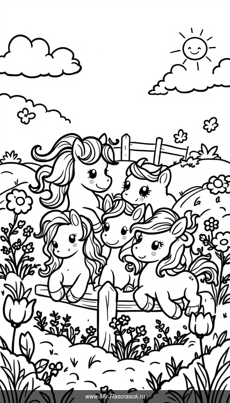 Милые пони для детской раскраски