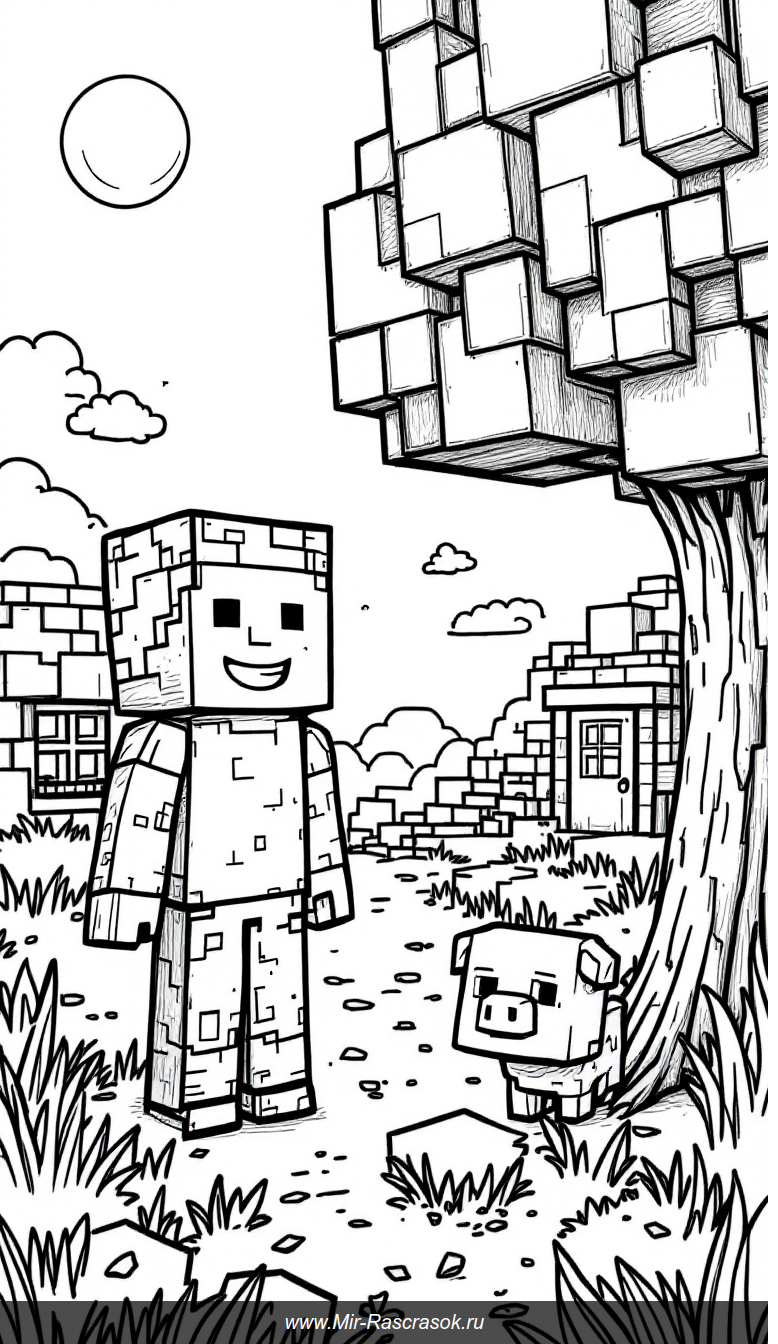 Раскраска Майнкрафт для детей веселая приключенческая сцена с кубиками