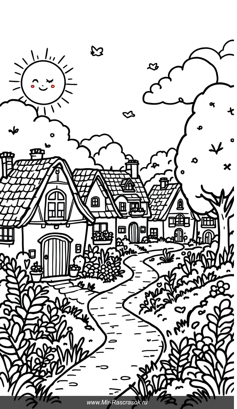 Раскраска для детей Спокойная деревня с уютными домиками и природой