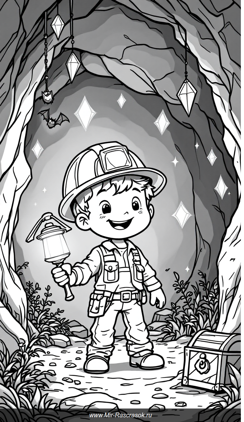 Раскраска с весёлым юным шахтёром и сияющими алмазами в пещере