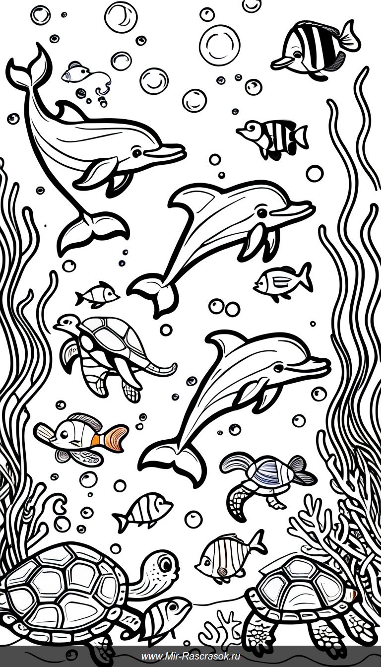 Раскраска с забавными морскими животными под водой