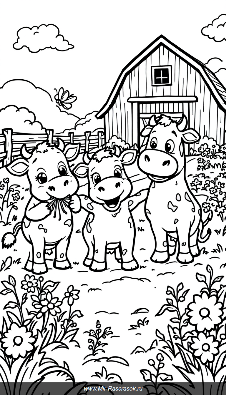 Веселые Коровки на Солнечной Ферме для Детской Раскраски