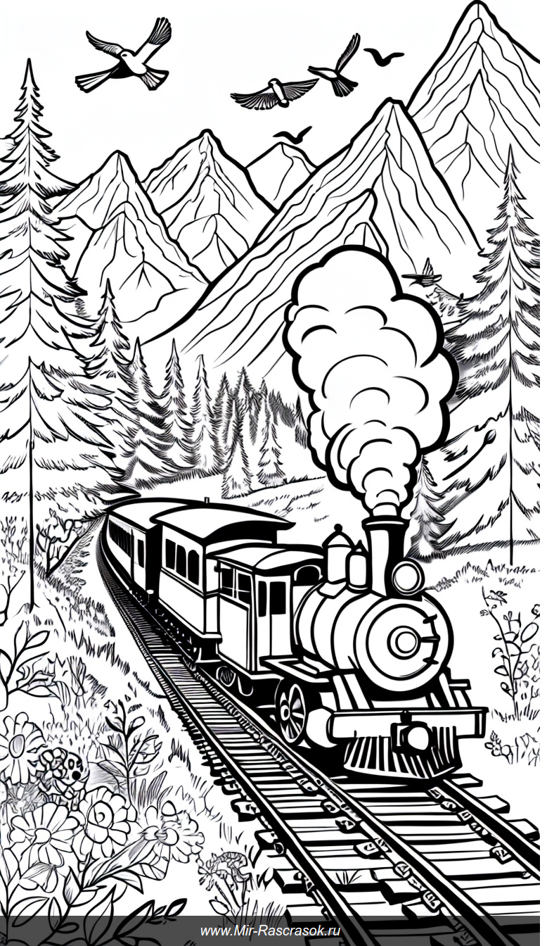 Веселый паровоз в горах с детьми и птицами – приключенческая раскраска