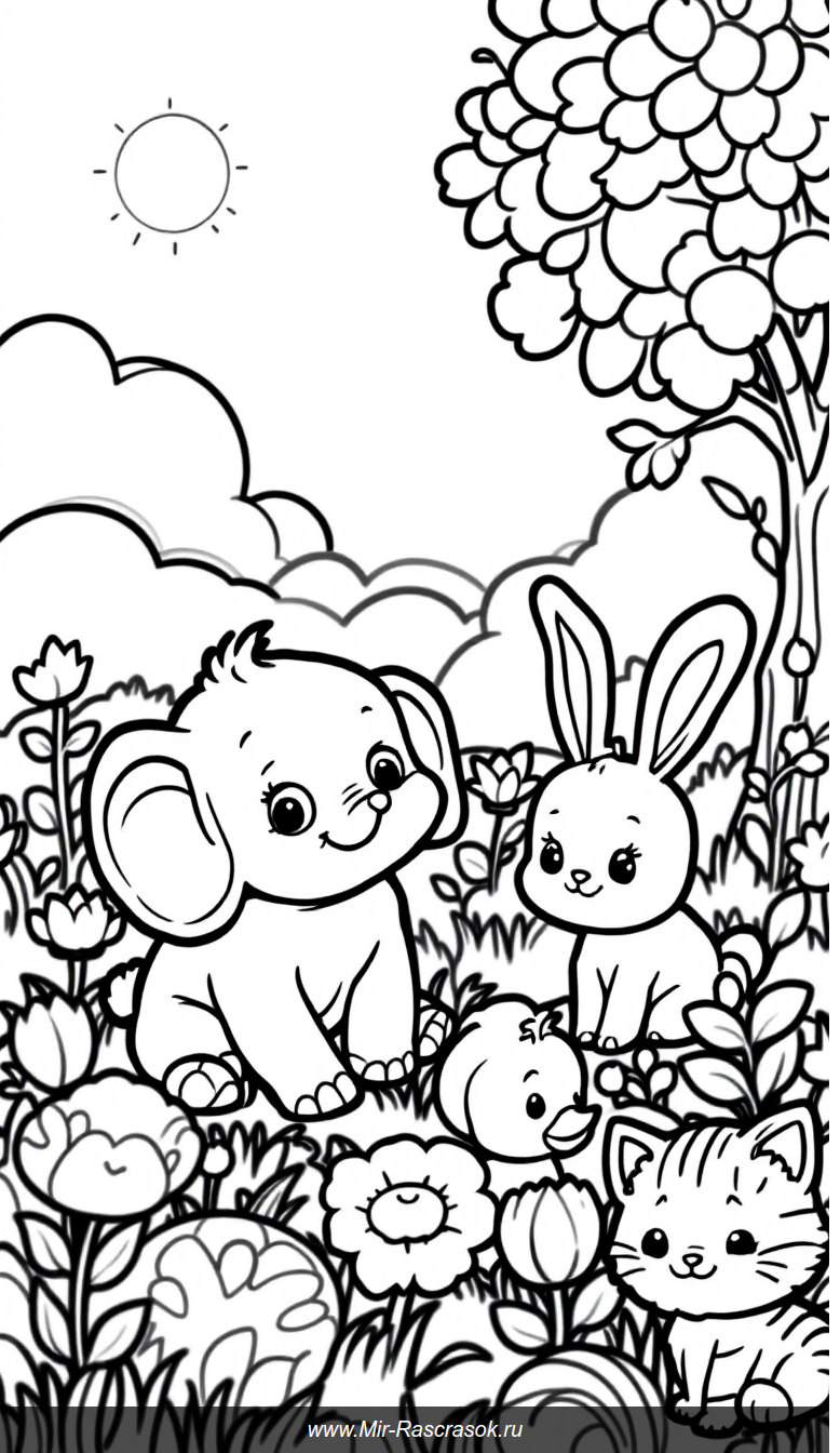 Весёлая раскраска с четырьмя забавными малышами в солнечной поляне
