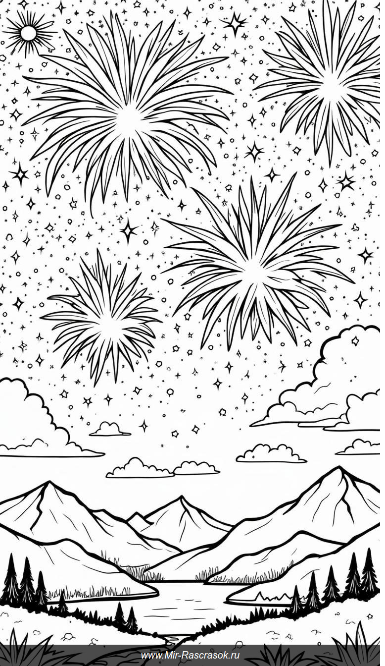 Раскраска ночного неба с фейерверками и звёздами