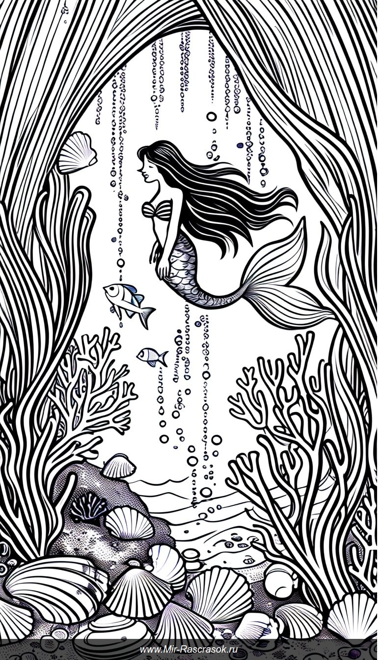 Русалка в подводной пещере Раскраска с сокровищами и морскими созданиями
