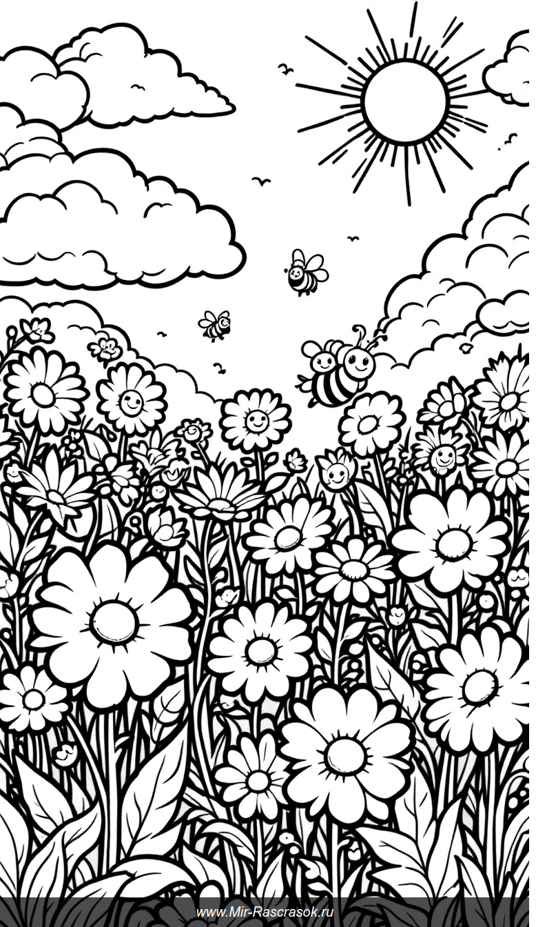 Весёлые пчёлки и большие цветы раскраска для малышей