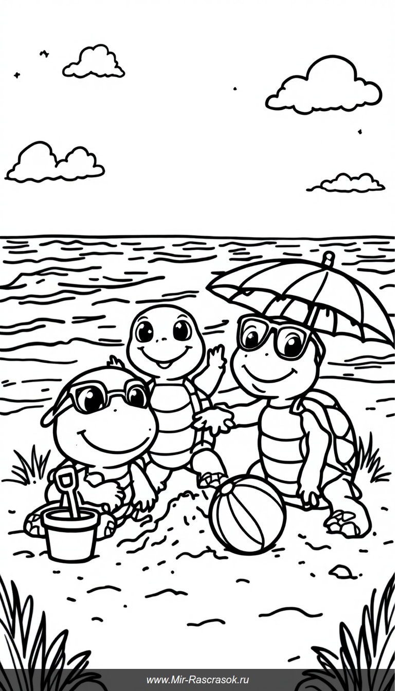 Веселые черепашки на пляже раскраска для детей