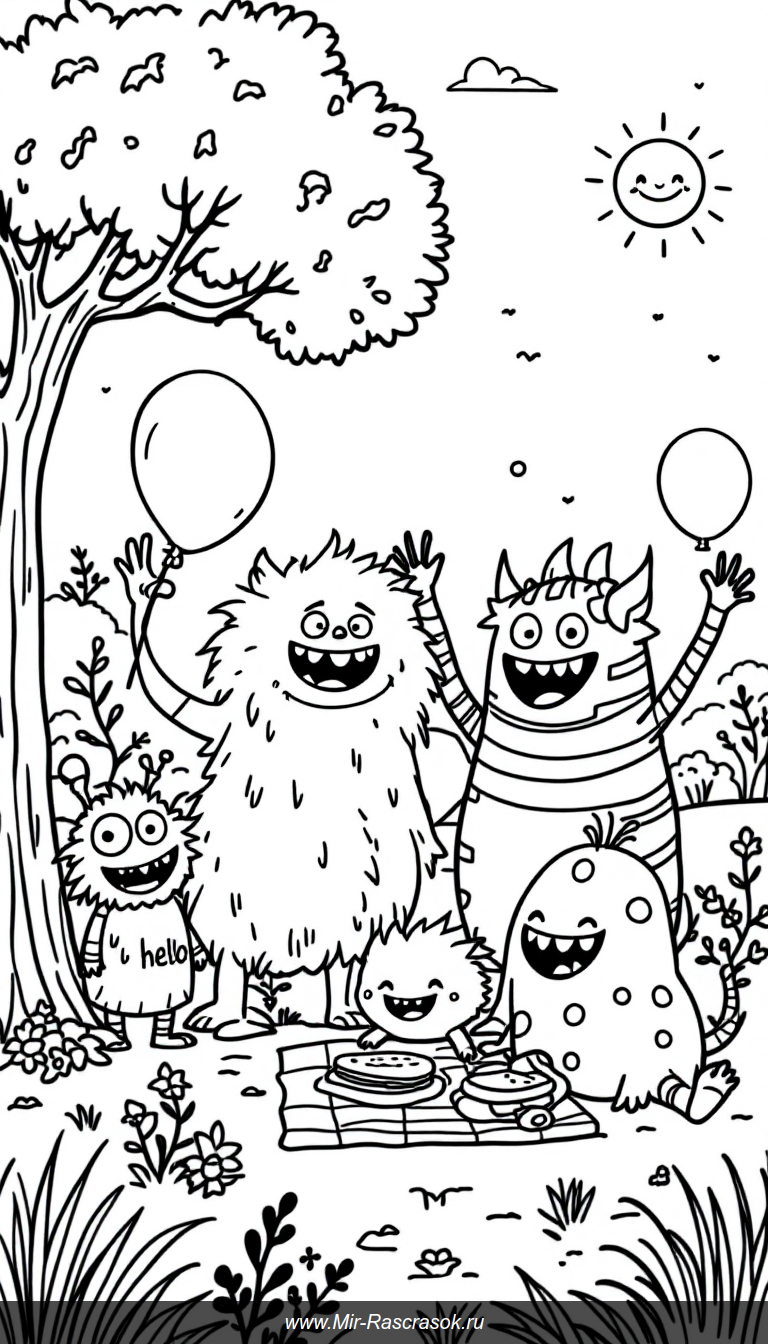 Веселые монстры в парке раскраска для малышей