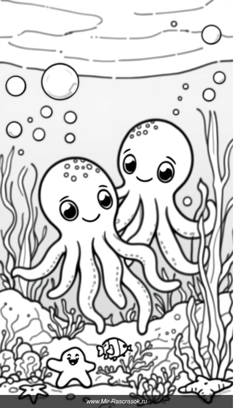 Веселые осьминожки и морские обитатели для детской раскраски
