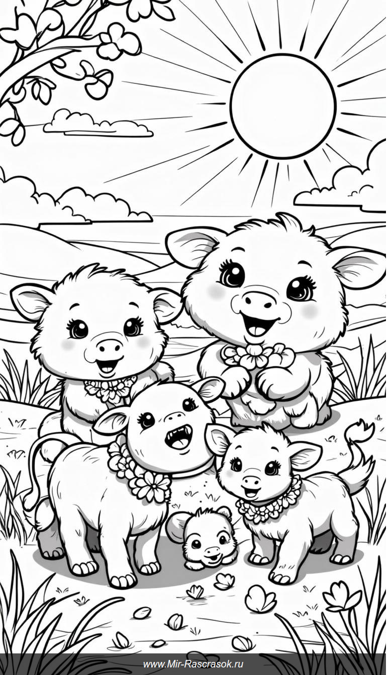 Веселые коровы на лугу под улыбающимся солнцем