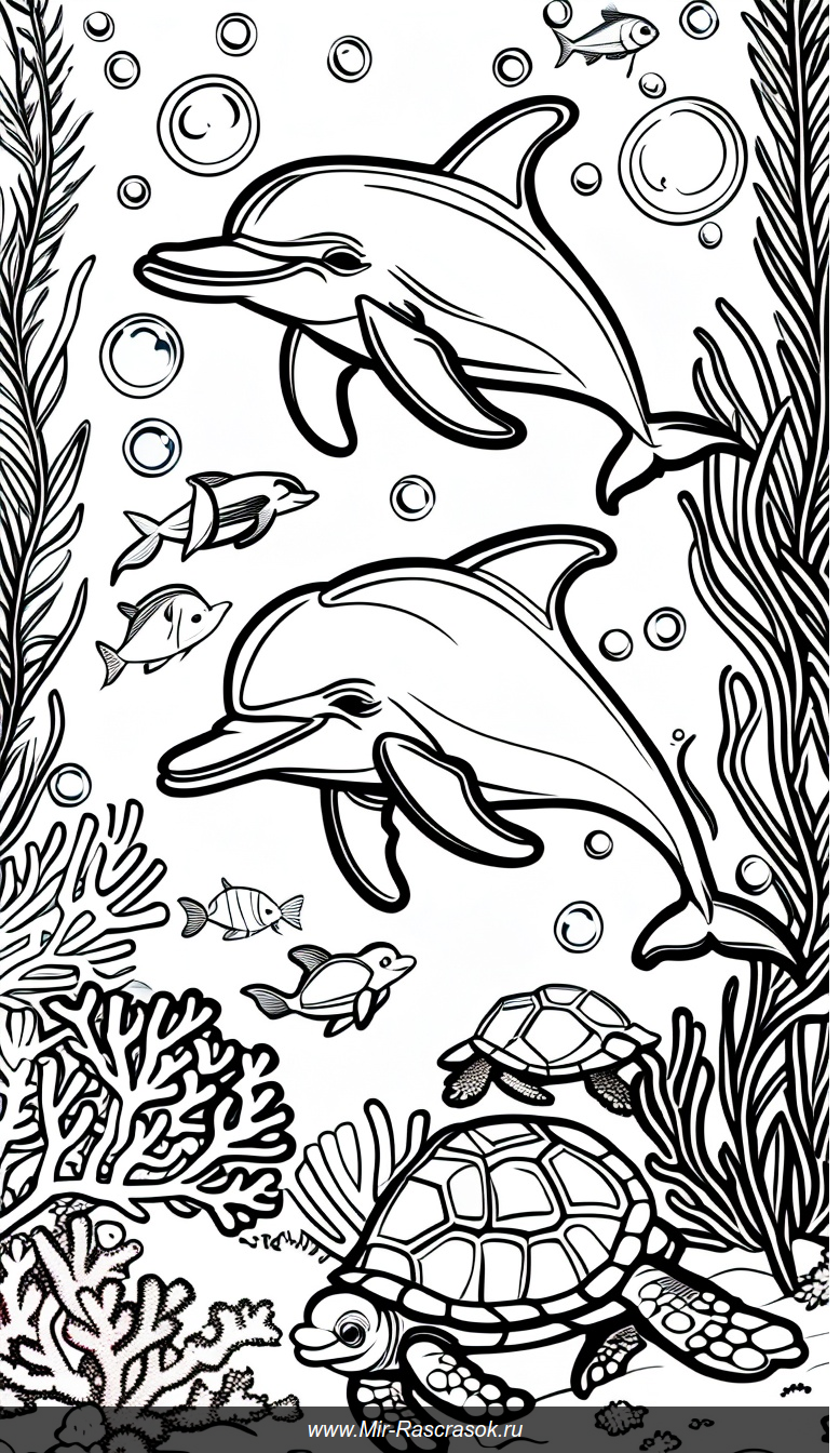 Раскраска с дружелюбными морскими обитателями и яркими кораллами