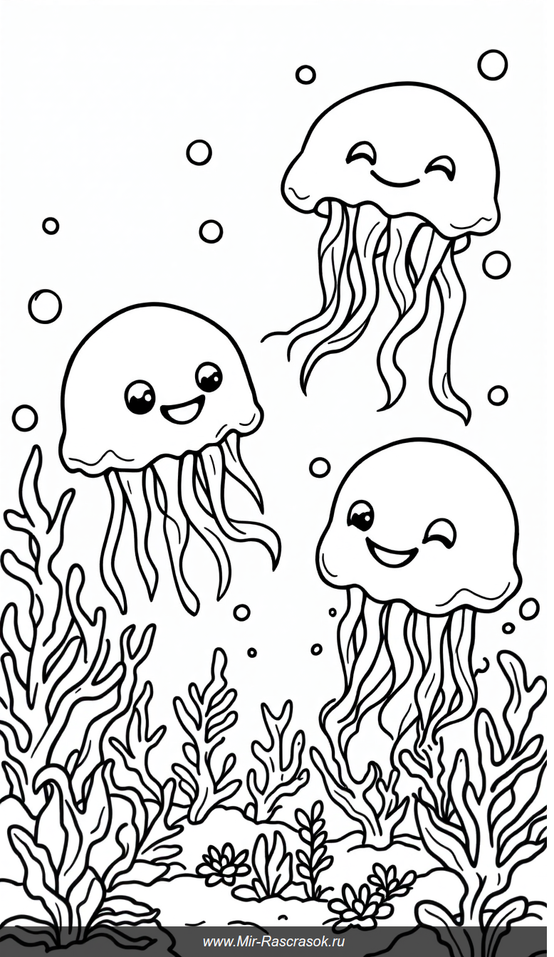 Весёлые медузы под водой раскраска для детей