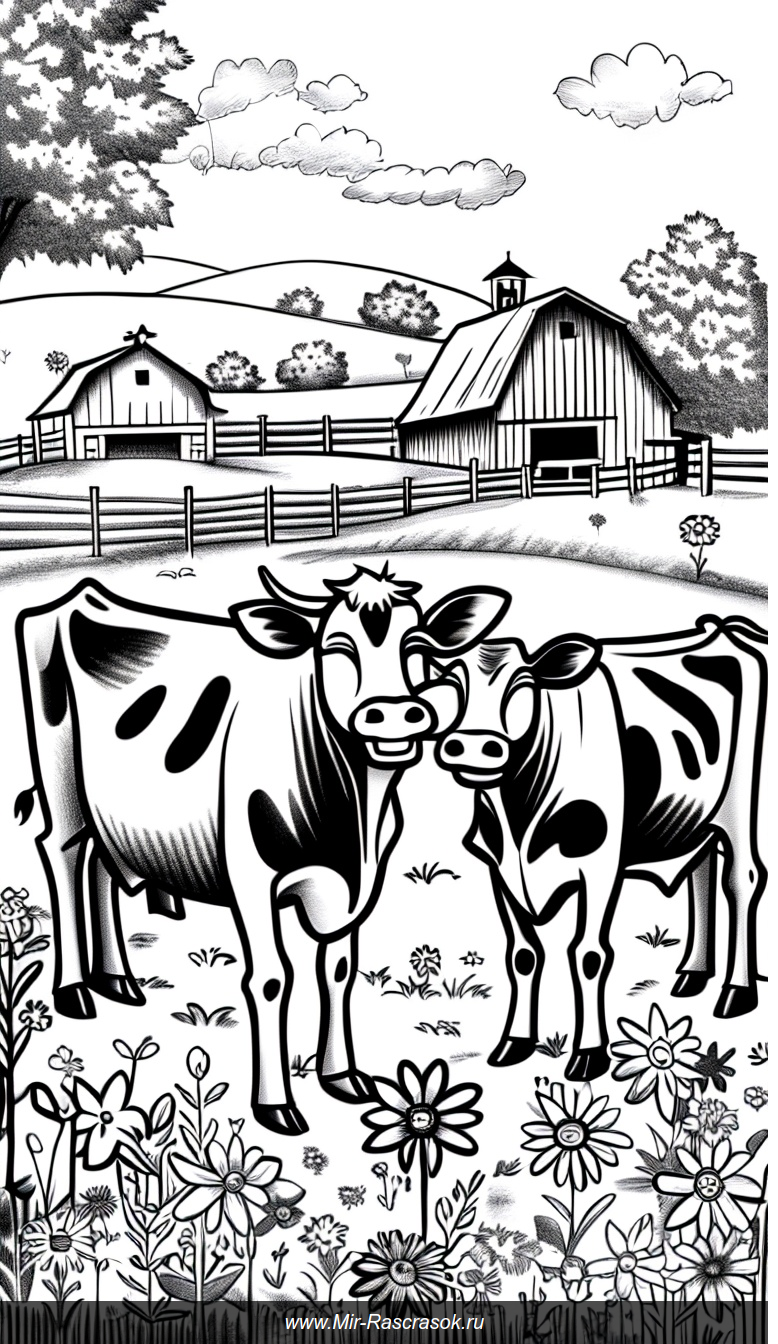 Веселые коровы на ферме для раскрашивания