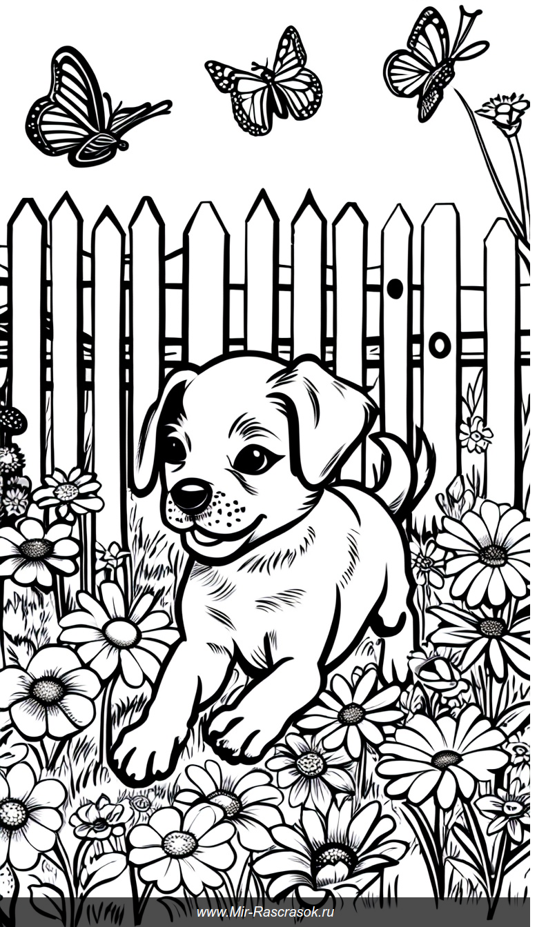 Раскраска с щенком играющим с бабочками в саду с цветами и забором