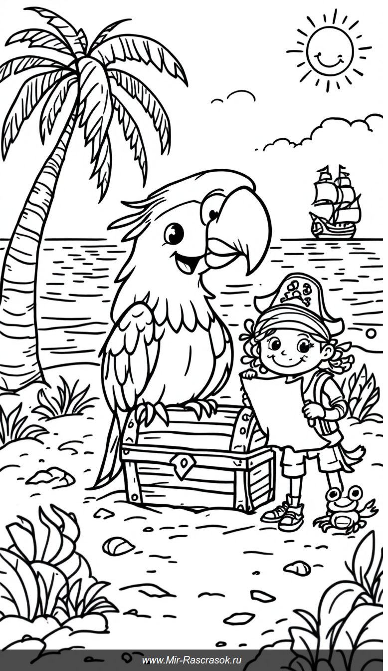Весёлые пираты и сокровища на пляже для детской раскраски