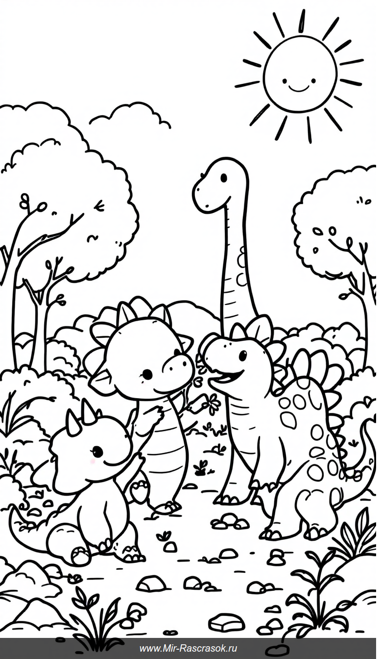 Милые детские динозавры играют в солнечной поляне для раскрашивания